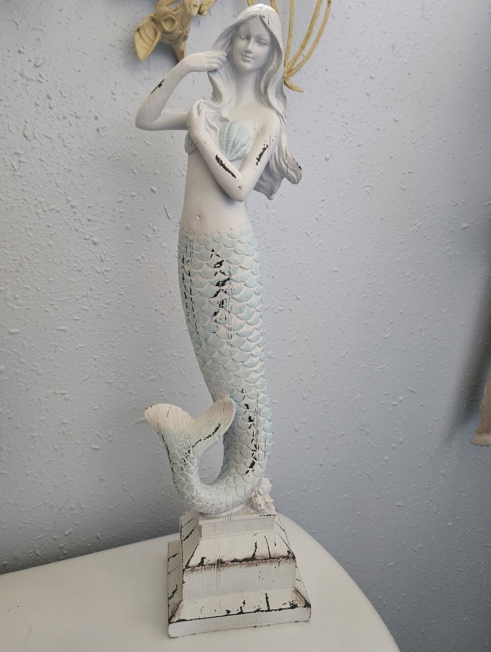 Shabby Chic Mermaid Statue 18" – Distressed Coastal Nautical Decor